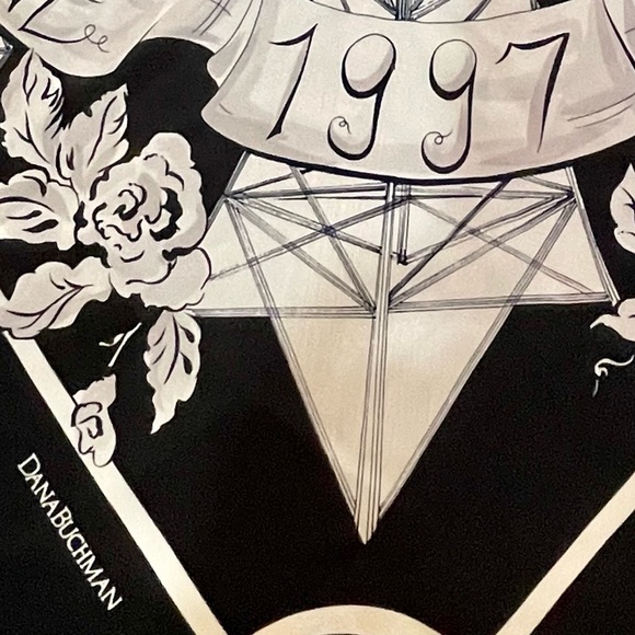 Dana Buchman Vintage 1997 Paris Square Scarf | Bonne Annee |Silk | Blk/Wht/Gray - Picture 5 of 7